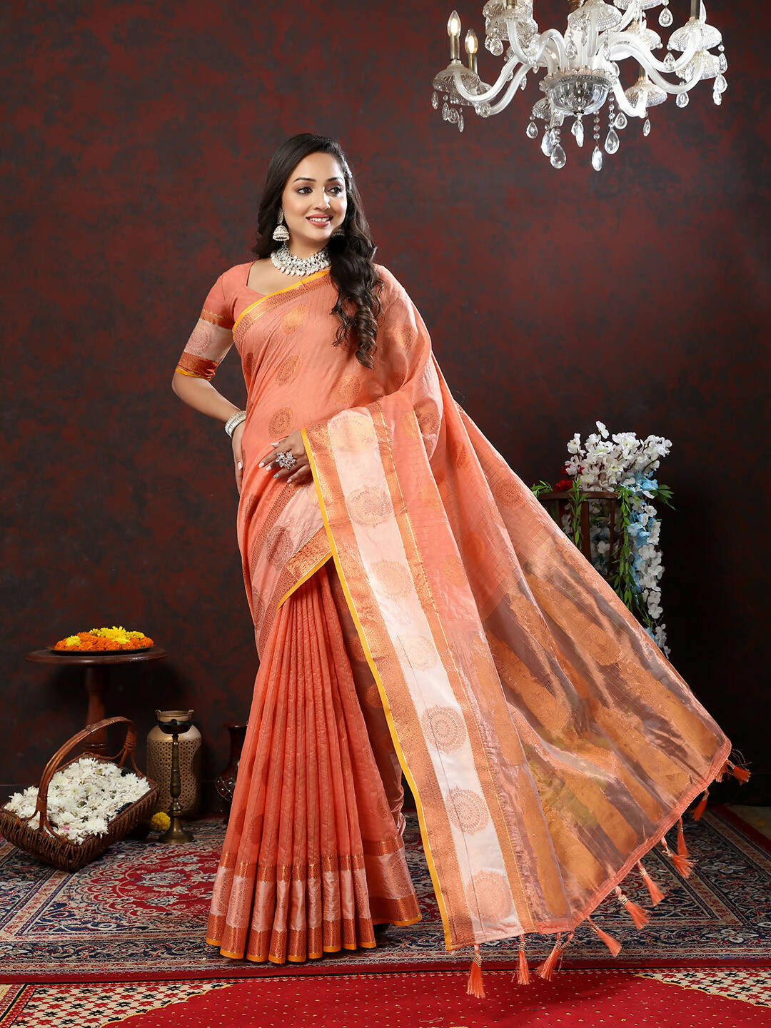 Lorenvalley Fashion Peach Cotton with Woven Design Zari Weaving Saree | Grocsy