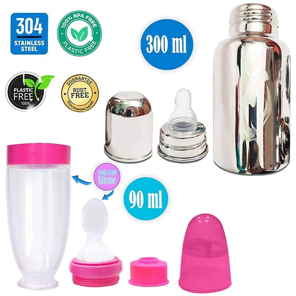 Goodmunchkins Stainless Steel Feeding Bottle With Spoon Food Feeder for Baby Anti Colic Silicon Nipple Feeder 300 ml Combo Pack-Pink | Grocsy