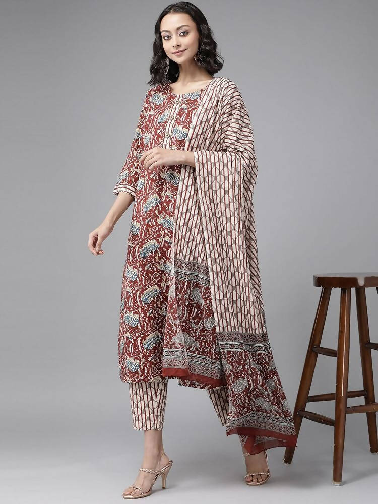 Yufta Women Maroon Pure Cotton Ethnic Motifs Printed Kurta with Palazzo & Dupatta | Grocsy
