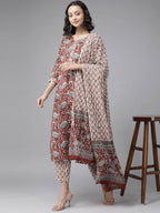 Yufta Women Maroon Pure Cotton Ethnic Motifs Printed Kurta with Palazzo & Dupatta | Grocsy