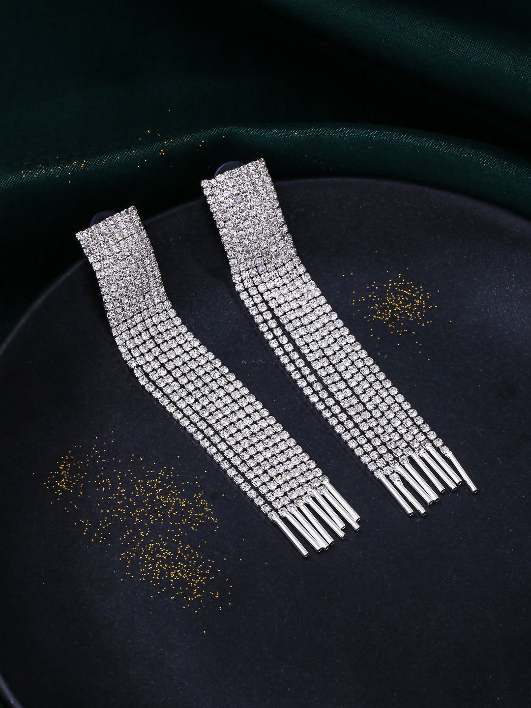 NVR Women Silver Toned Contemporary Ad Studded Drop Earrings | Grocsy