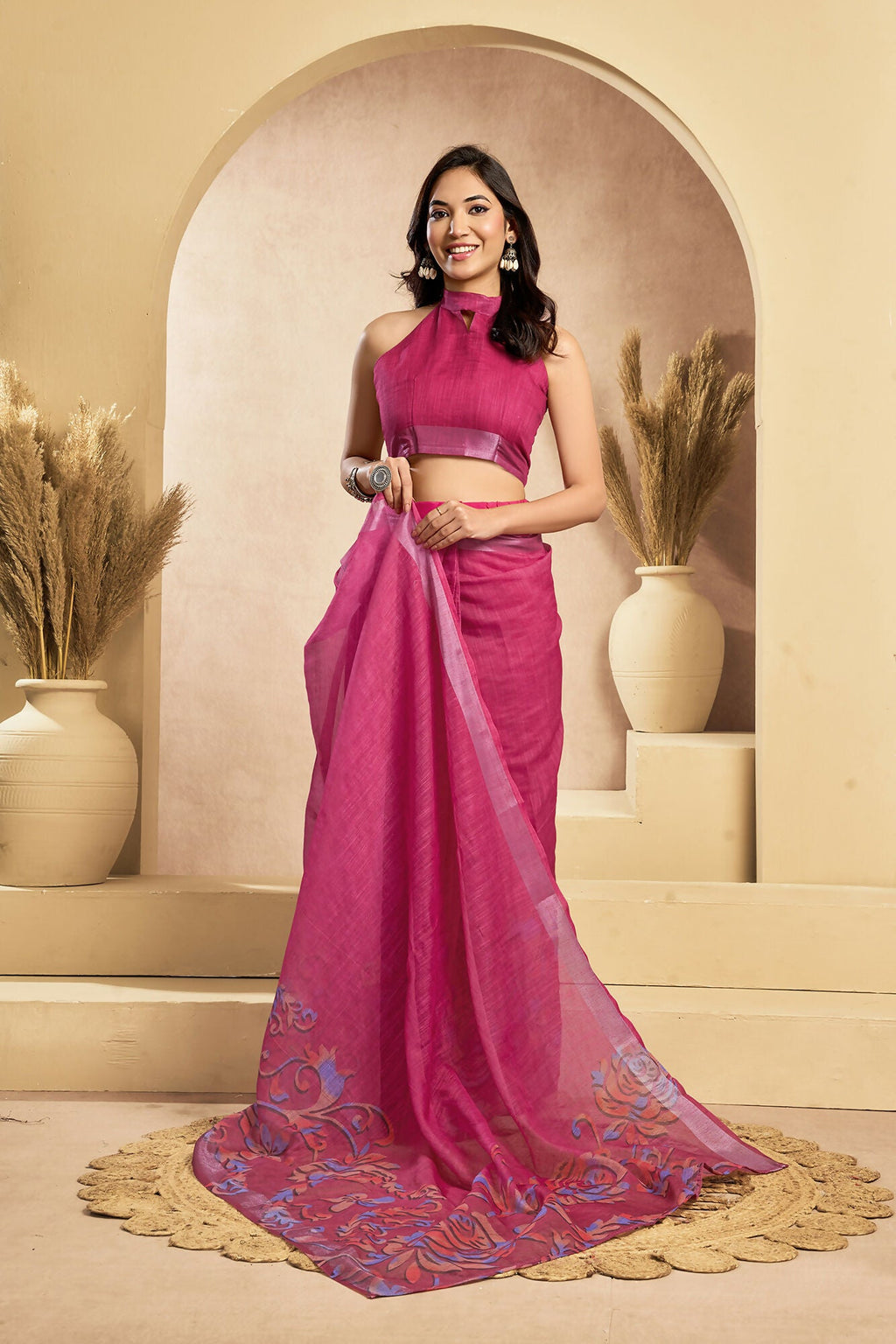 Vastranavya Pink Digital Printed Linen Ready To Wear Designer Saree with Unstitched Blouse | Grocsy