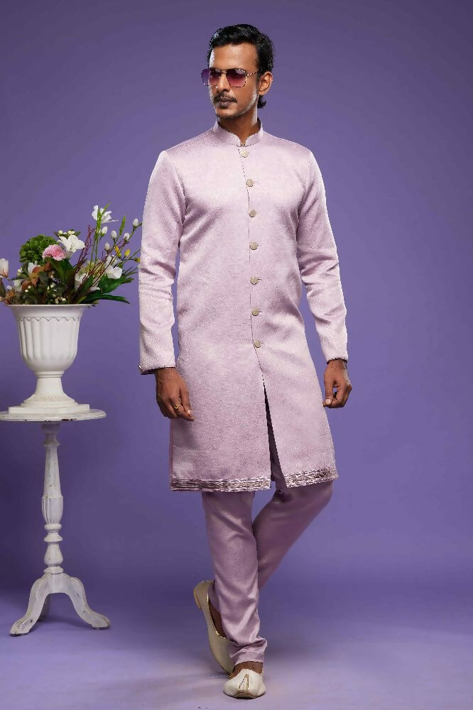 Raivat Ethnic Art Banarasi Silk Thread Work Kurta Pajama In Onion Pink Colour | Grocsy