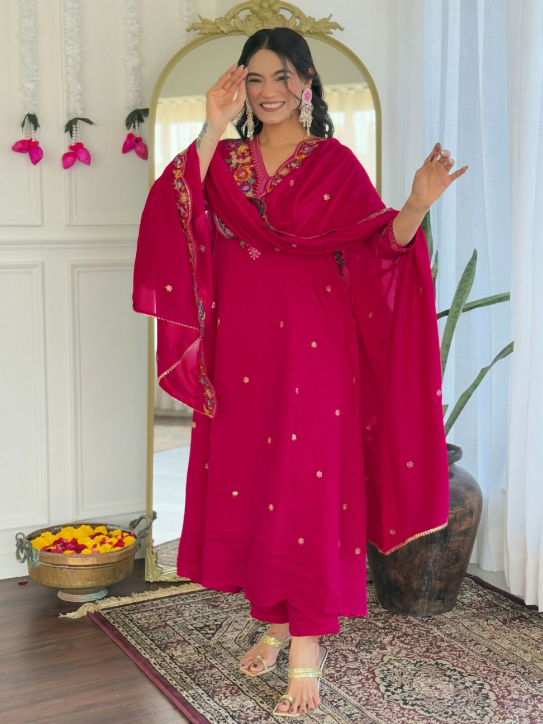 The52 Rani Women's Beautiful Embroidered Work Vichitra Silk Fabric Straight Kurta Pant and Dupatta Set | Grocsy