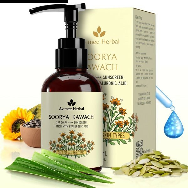 Avimee Herbal Soorya Kawach SPF 50 PA++++ Hyaluronic Acid Sunscreen Lotion | Grocsy