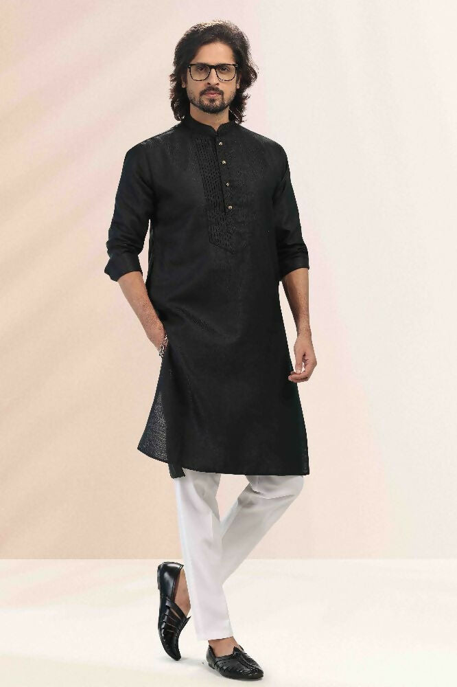 Raivat Ethnic Linen Cotton Pintux Work Kurta Pajama In Black Colour | Grocsy