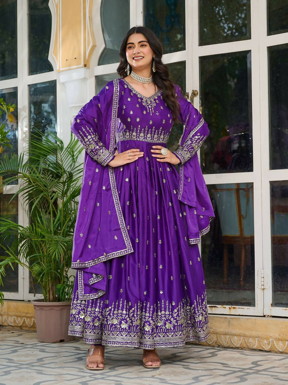 The52 Women's Beautiful American Silk Fabric Embroidery Work Flared Anarkali Pant and Dupatta Set | Grocsy