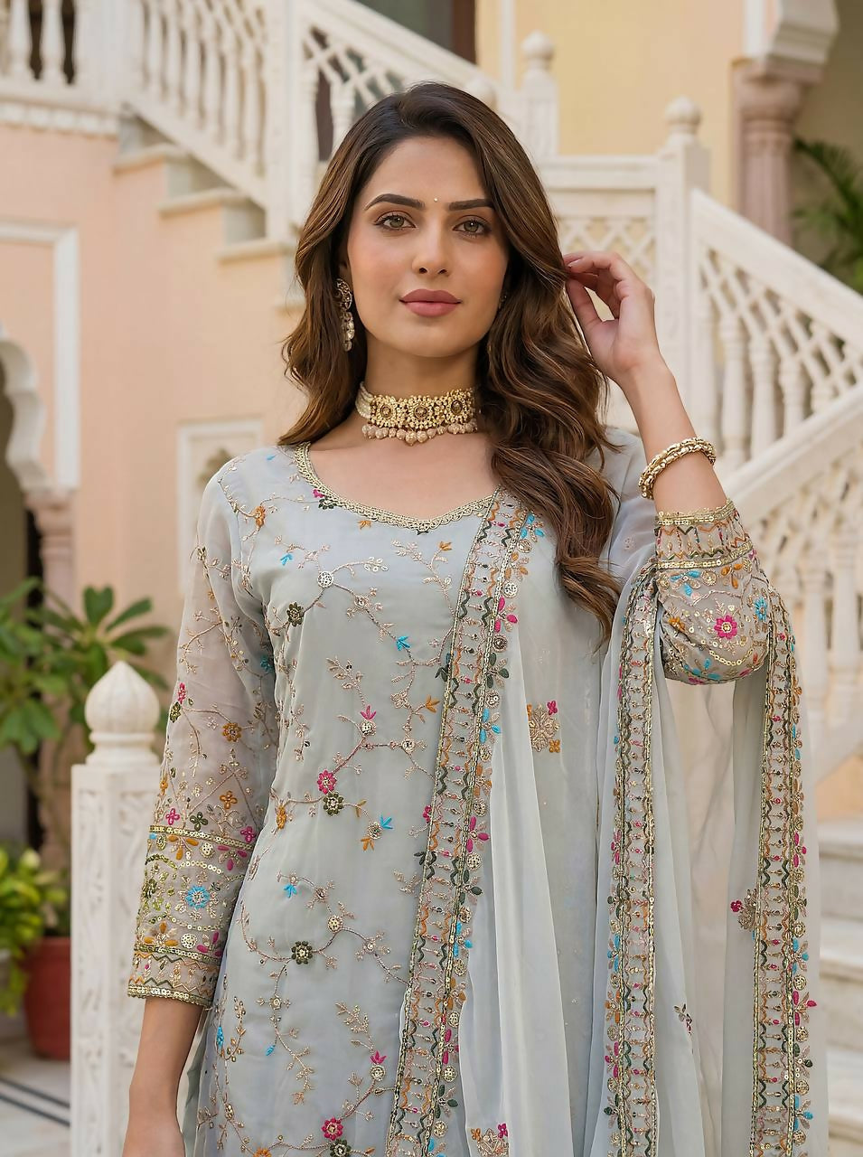 Teeya Creation Grey Faux Georgette Multi Thread Work Wedding Wear Sharara Set | Grocsy