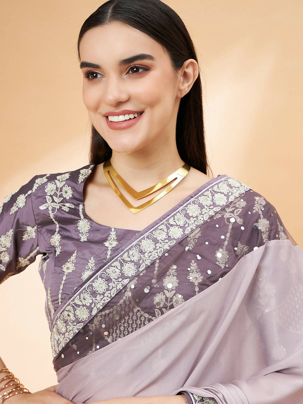 Mauve Silk Georgette Ribbon Embroidery Saree - Norita Hit Design | Grocsy