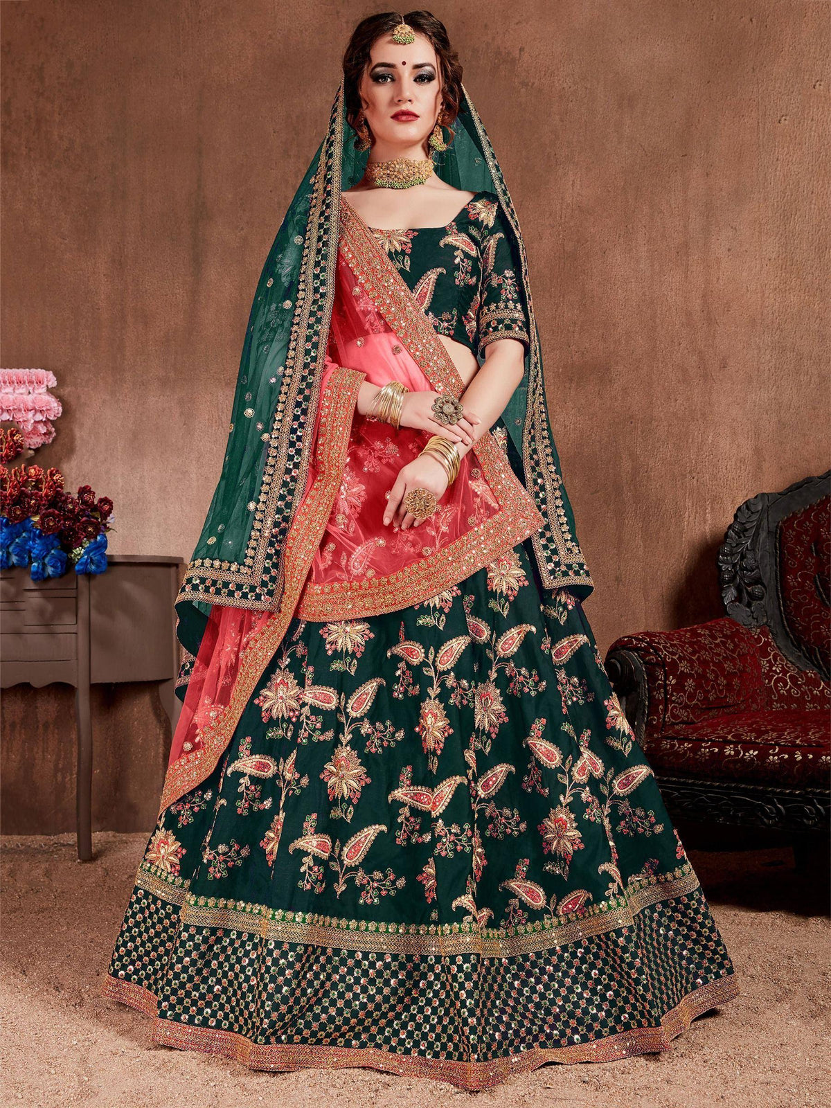 Tulsi Art Bottle Green Embroidered Taffeta Silk Bridal Wear Lehenga Choli | Grocsy
