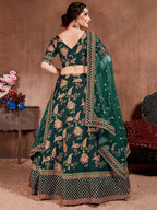 Tulsi Art Bottle Green Embroidered Taffeta Silk Bridal Wear Lehenga Choli | Grocsy
