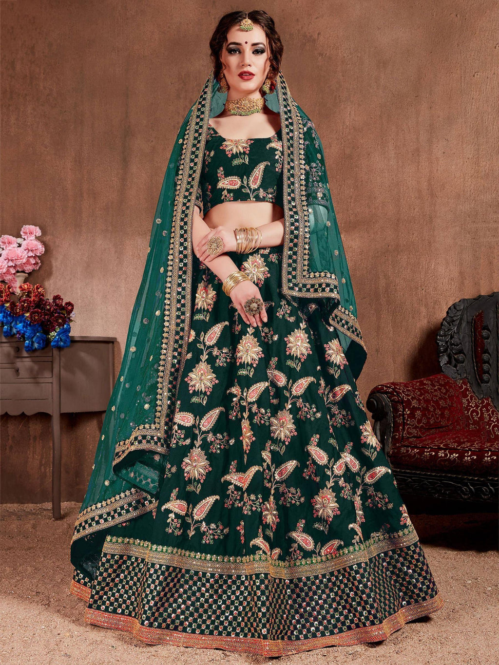 Tulsi Art Bottle Green Embroidered Taffeta Silk Bridal Wear Lehenga Choli | Grocsy