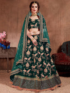 Tulsi Art Bottle Green Embroidered Taffeta Silk Bridal Wear Lehenga Choli | Grocsy