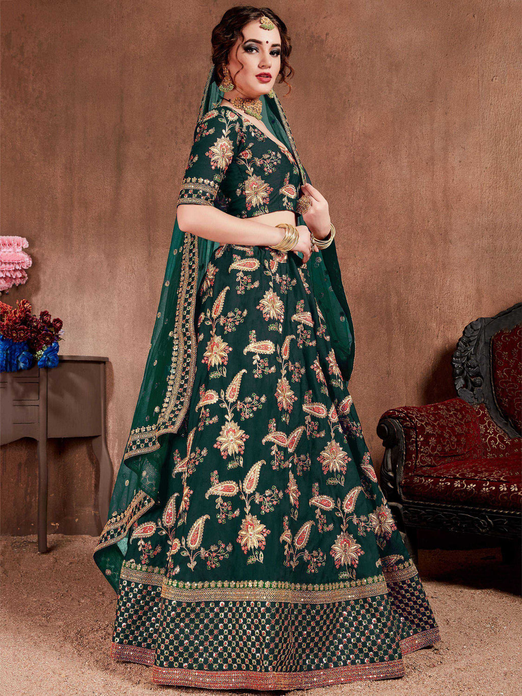 Tulsi Art Bottle Green Embroidered Taffeta Silk Bridal Wear Lehenga Choli | Grocsy