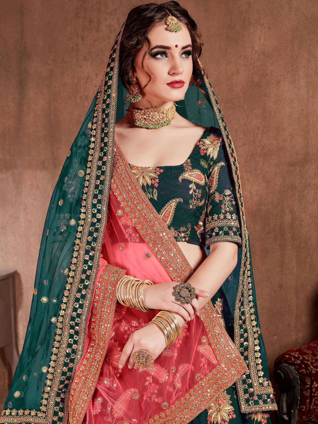 Tulsi Art Bottle Green Embroidered Taffeta Silk Bridal Wear Lehenga Choli | Grocsy