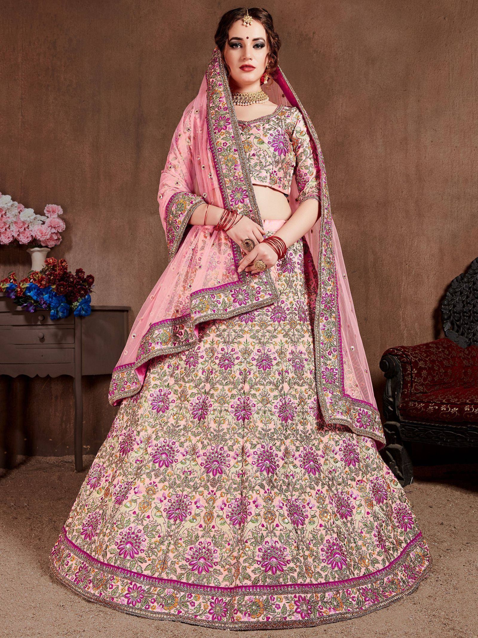 Tulsi Art Pastel Pink Embroidered Taffeta Bridal Wear Lehenga Choli | Grocsy