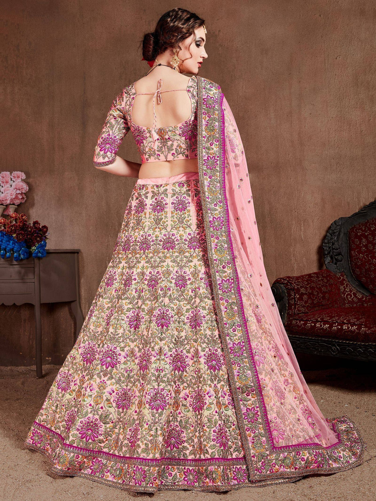 Tulsi Art Pastel Pink Embroidered Taffeta Bridal Wear Lehenga Choli | Grocsy