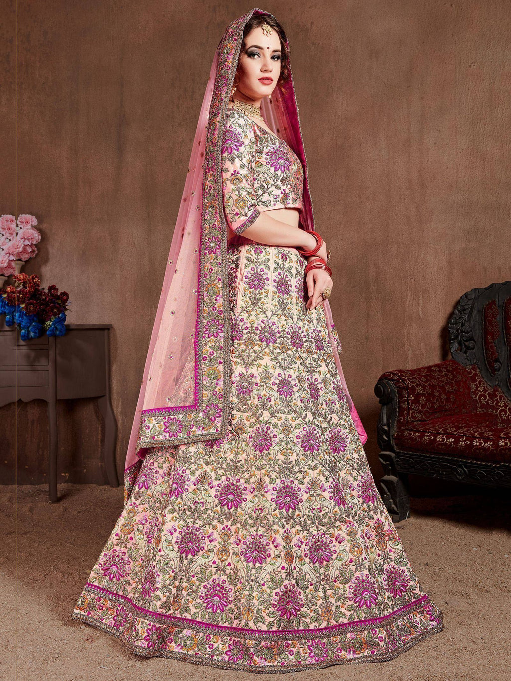 Tulsi Art Pastel Pink Embroidered Taffeta Bridal Wear Lehenga Choli | Grocsy