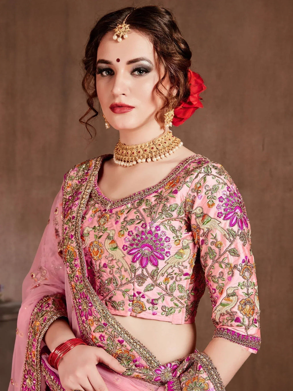 Tulsi Art Pastel Pink Embroidered Taffeta Bridal Wear Lehenga Choli | Grocsy