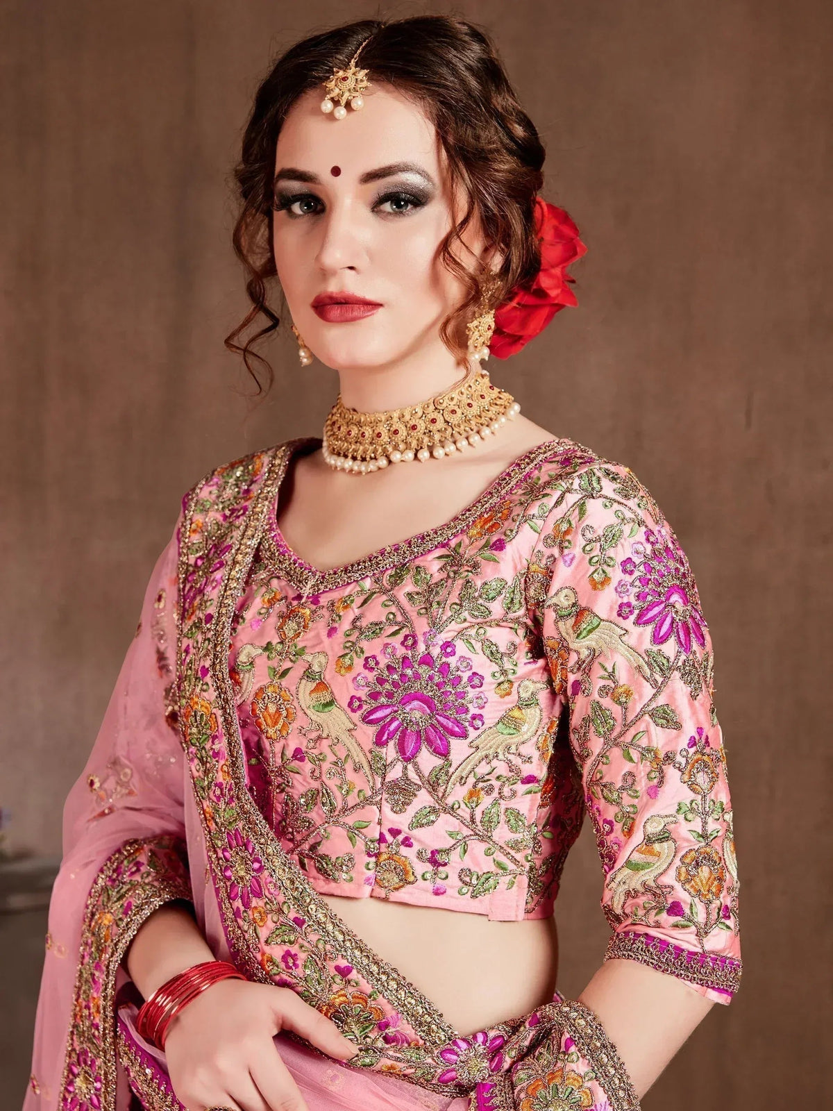 Tulsi Art Pastel Pink Embroidered Taffeta Bridal Wear Lehenga Choli | Grocsy
