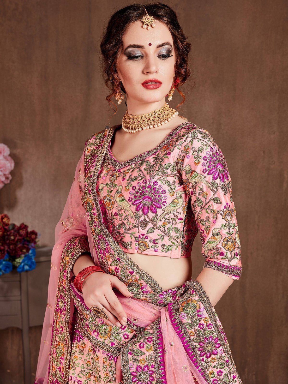 Tulsi Art Pastel Pink Embroidered Taffeta Bridal Wear Lehenga Choli | Grocsy