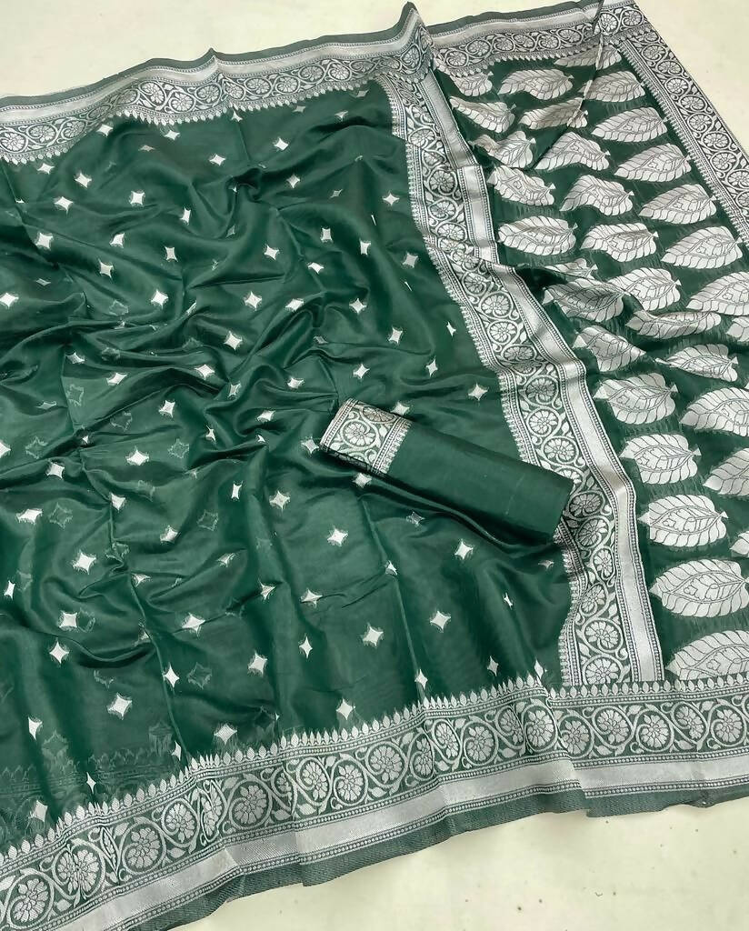 DEIANA'S Beautiful Designer Golden zari Soft Lichi Silk Saree - Green | Grocsy
