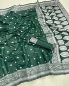 DEIANA'S Beautiful Designer Golden zari Soft Lichi Silk Saree - Green | Grocsy