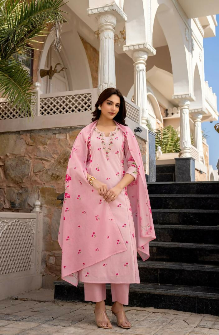 The52 Pink Women's Beautiful Chanderi Fabric Printed Work Straight Kurta Pant and Dupatta Set | Grocsy