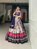 Vastranavya Floral And Patola Print With Foil Work Lehenga with Unstitched Blouse - Navy Blue | Grocsy