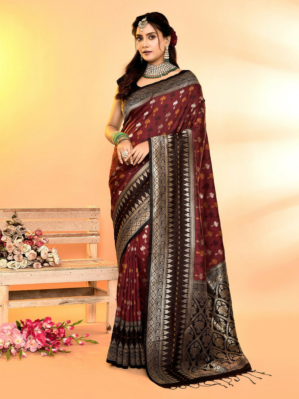 Joban Fashion Maroon & Black Plain With Weaving Border Banarasi Silk Sarees | Grocsy