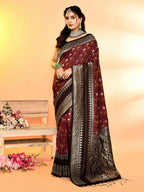 Joban Fashion Maroon & Black Plain With Weaving Border Banarasi Silk Sarees | Grocsy