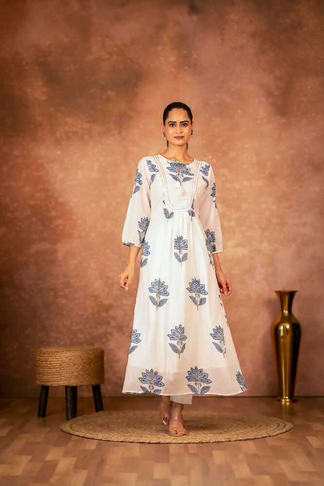 Joban Fashion Blue Floral Hand Block Printed Cotton Kurta Pant Set | Grocsy