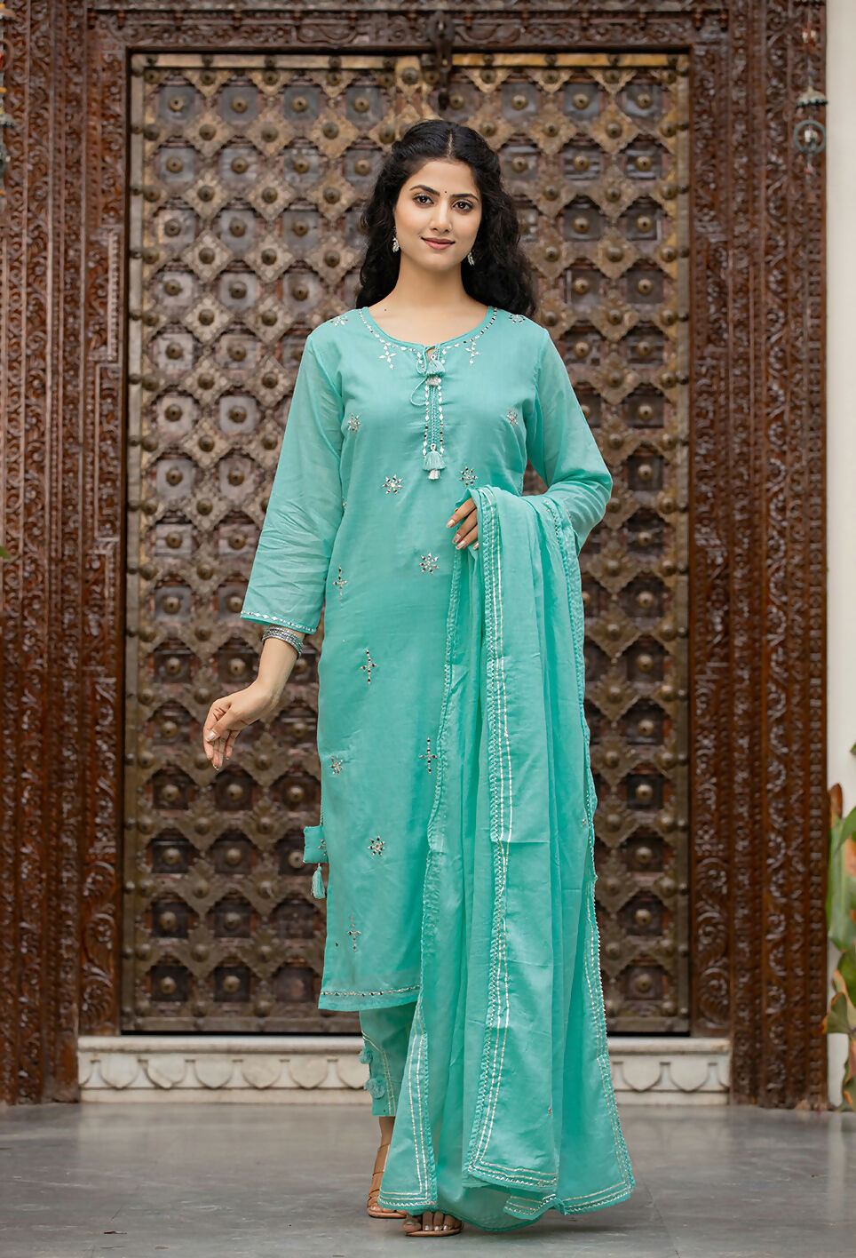 Kaajh Women's Sky Blue Mirror Embellished Cotton Suit Set | Grocsy