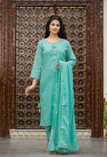 Kaajh Women's Sky Blue Mirror Embellished Cotton Suit Set | Grocsy