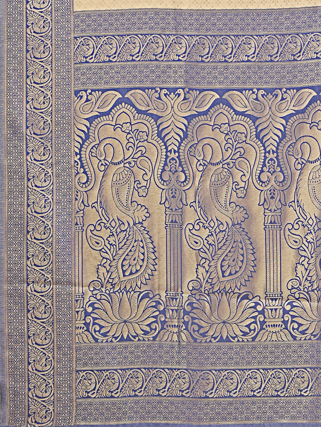 Shree Shyam Fashion Banarasi Silk Cream & Navy Blue Saree | Grocsy