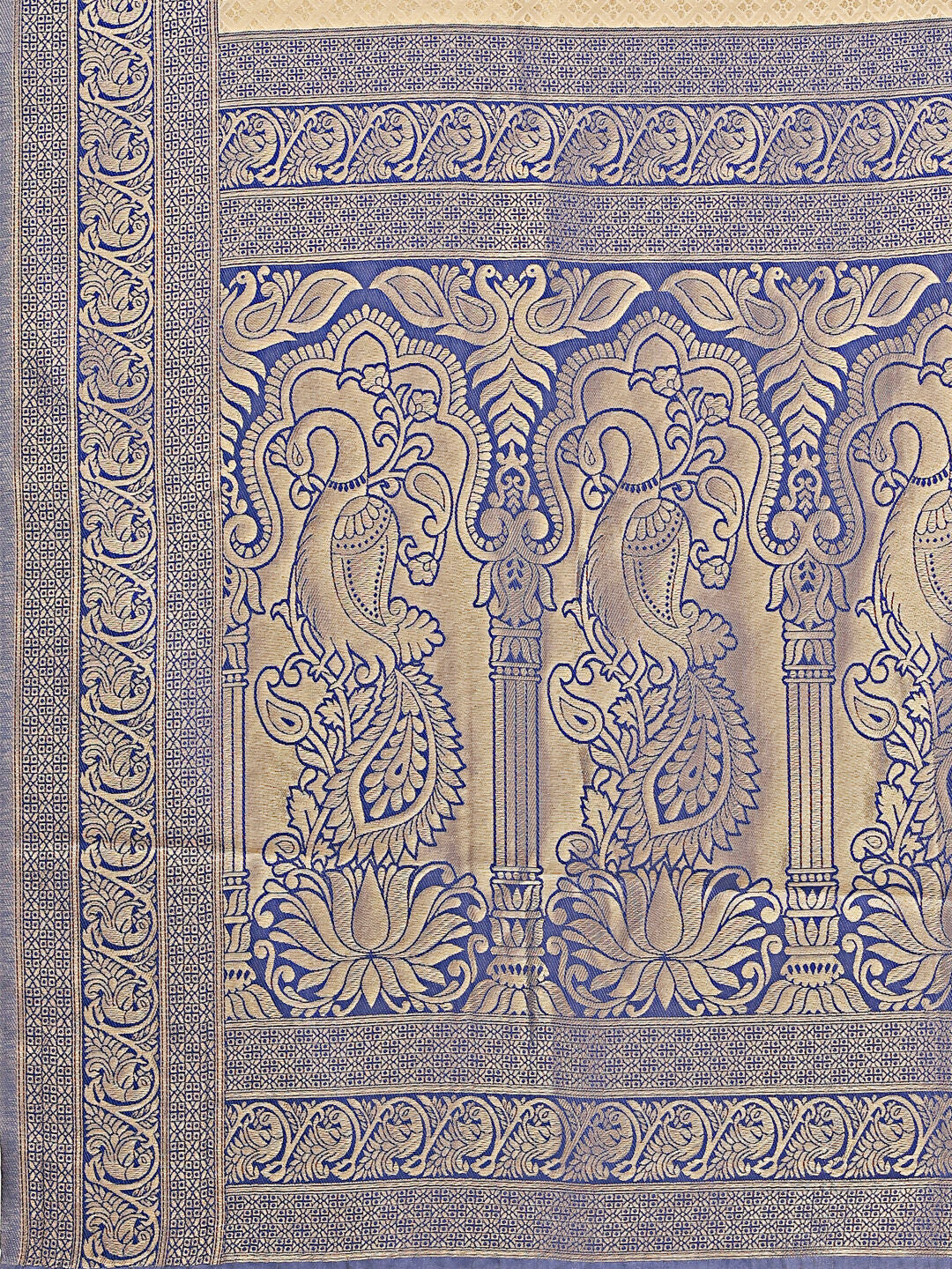 Shree Shyam Fashion Banarasi Silk Cream & Navy Blue Saree | Grocsy