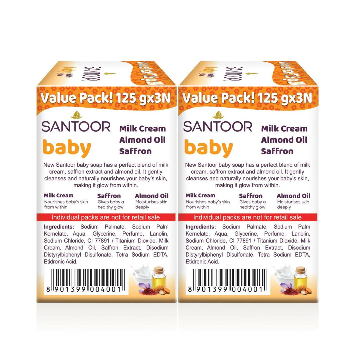 Santoor Baby Bathing Soap with Milk Cream, Saffron, & Almond Oil | Grocsy