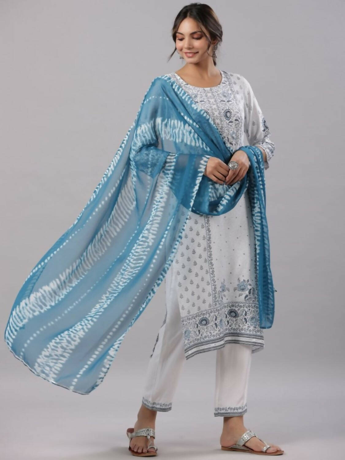 Juniper Women Sky-Blue Rayon Staple Kalamkari Printed Kurta, Pants and Dupatta Set | Grocsy