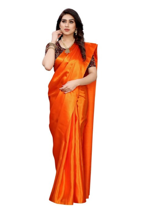 Vamika Plain Orange Satin Saree (SATIN GLORY ORANGE) | Grocsy