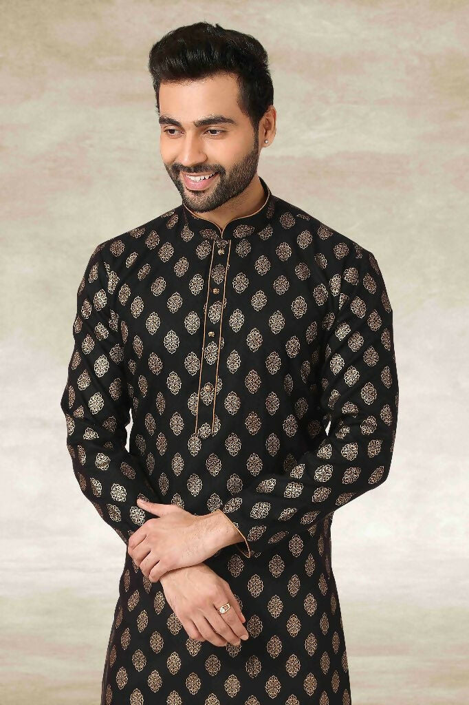 Raivat Ethnic Cotton Printed Work Kurta Pajama In Black Colour | Grocsy
