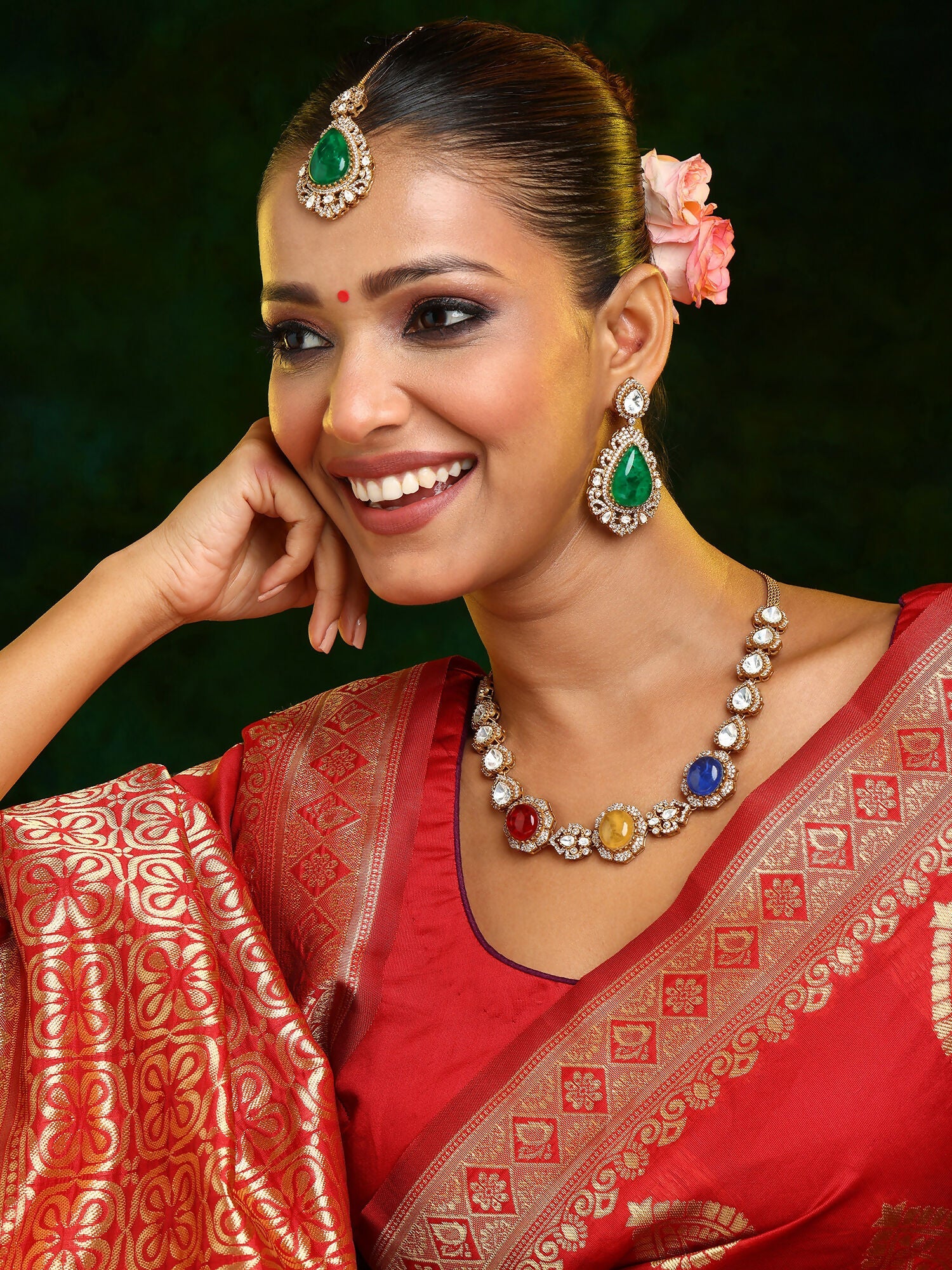Ruby Raang 22k Gold Polished Stonework Kundan Necklace With Earrings And Maang Tikka | Grocsy