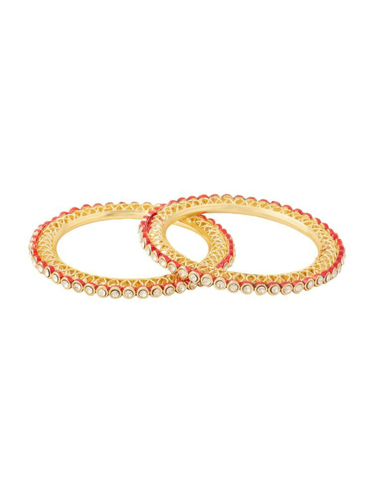 NVR Women Set of 2 Gold-Polished Red Kundan Studded Bangles