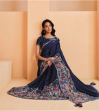 Navy Blue Satin Crepe Silk Embroidery with Digital Sequence Work Saree - Norita Helly | Grocsy