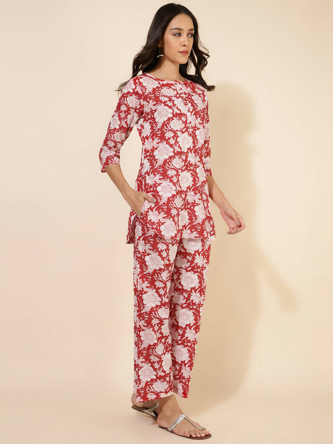Janasya Women's Red Cotton Cambric Floral Printed Casual Straight Top Set | Grocsy