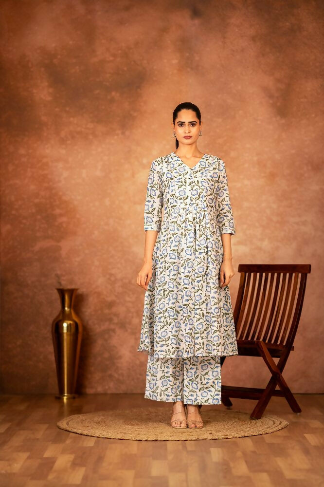 Joban Fashion Blue Hand Block Printed Cotton Suit Set | Grocsy