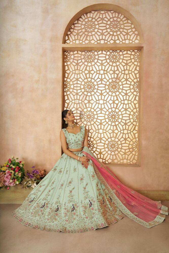 Kesar Fab Green Zari Silk Hand_Woven Lehenga | Grocsy