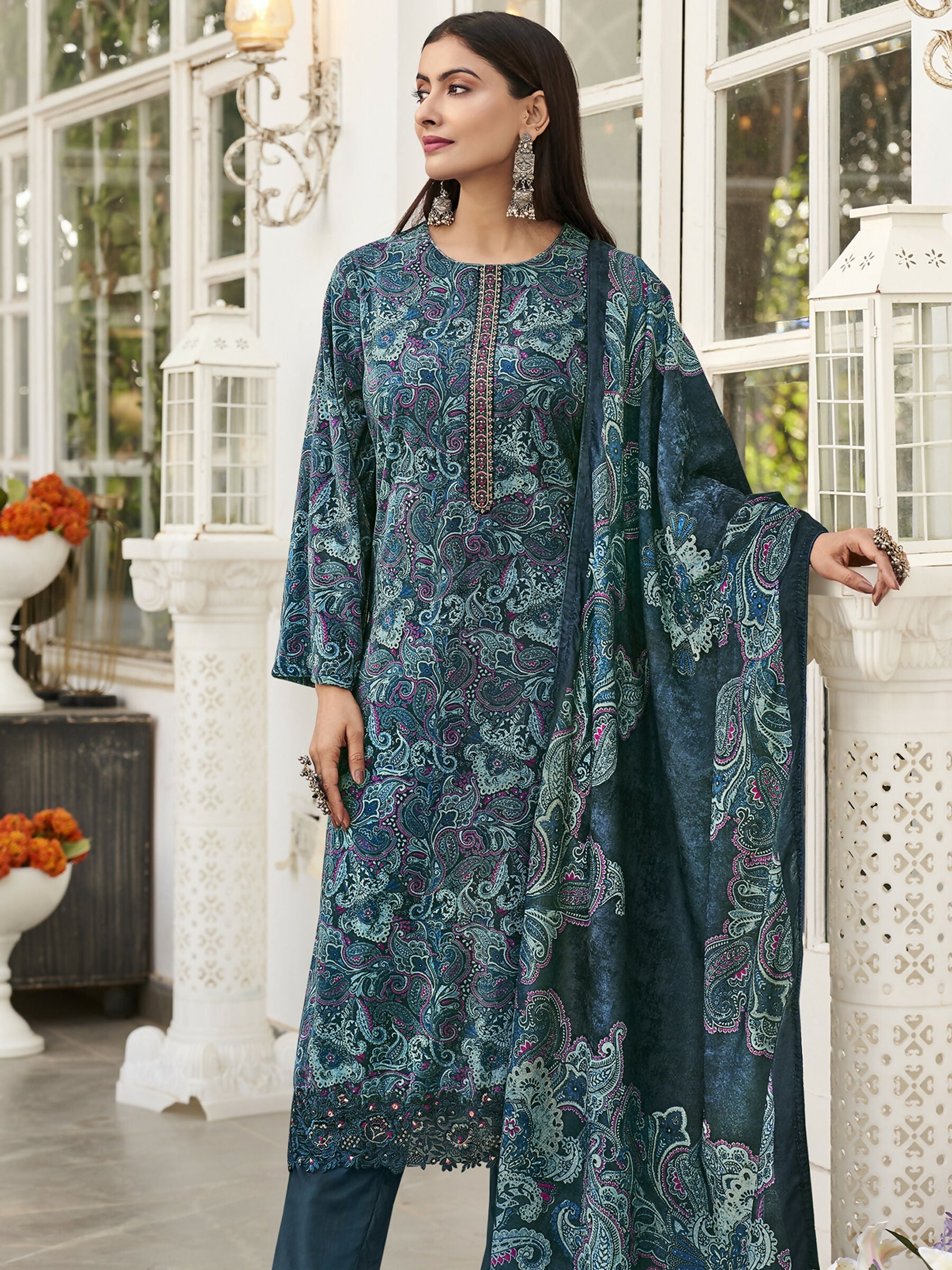 Jyoti Fashion Women's Navy Blue Velvet Digital Print with Resham Thread work Kurta with Trouser & Dupatta | Grocsy