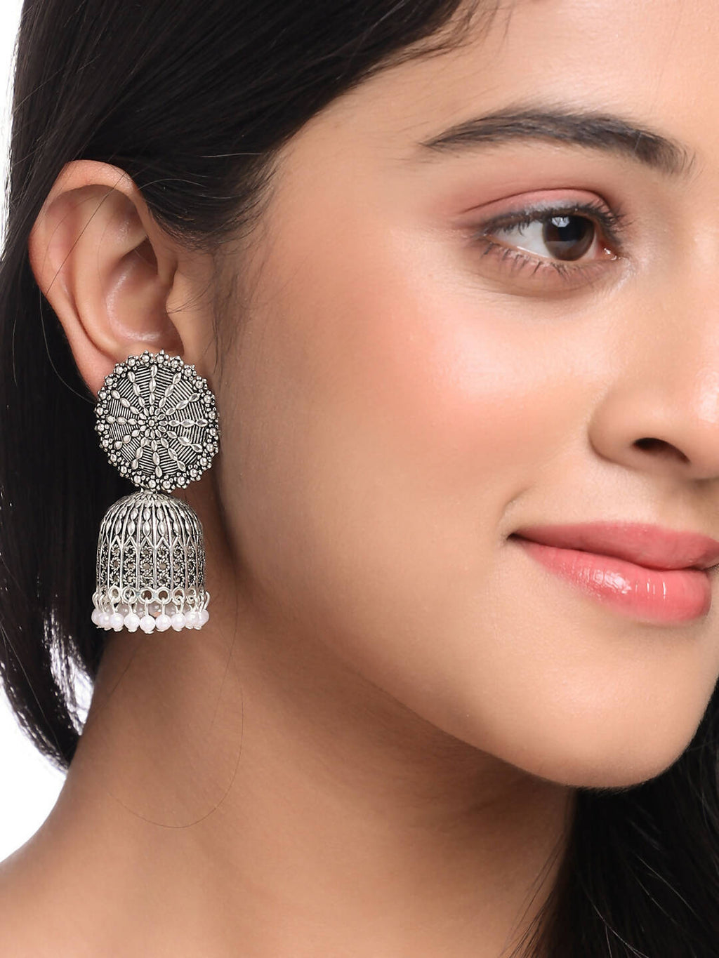 NVR Women Silver Toned Dome Shaped Jhumkas Earrings | Grocsy