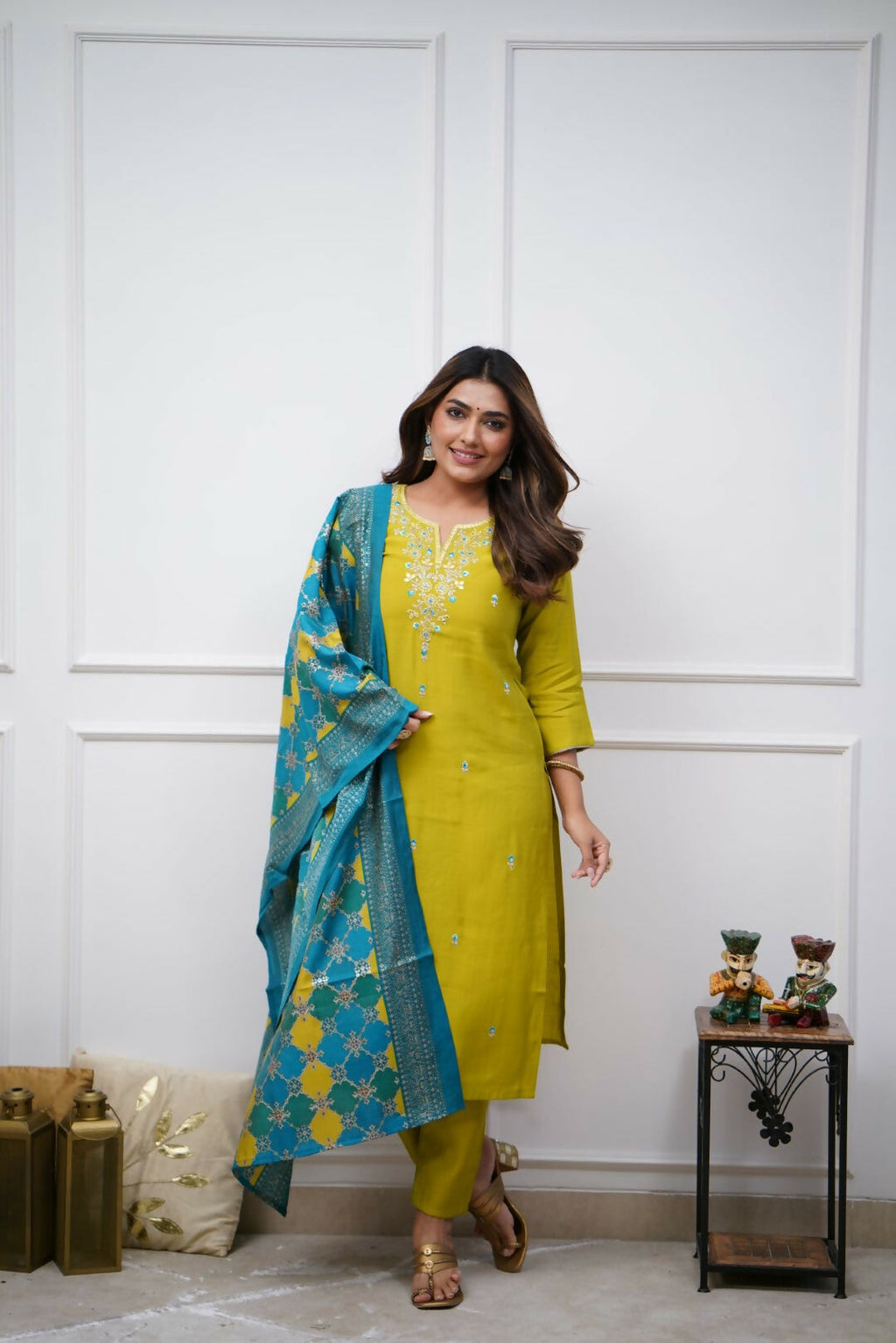 The52 Lemon Beautiful Embroidered Viscose Chanderi Fabric Straight Kurta Pant with Dupatta Set | Grocsy