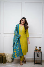 The52 Lemon Beautiful Embroidered Viscose Chanderi Fabric Straight Kurta Pant with Dupatta Set | Grocsy